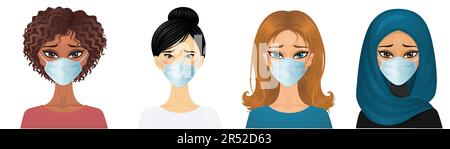 Verschiedene ethnische Frauen in einer Maske. Isoliert auf weiß. Vektorillustation. Stock Vektor