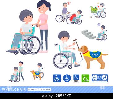 Set aus T-Shirt-Frau mit Haarwuchs im Rollstuhl. Es zeigt verschiedene Situationen von Rollstuhlfahrern. Stock Vektor