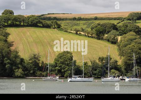 DARTMOUTH, DEVON, Großbritannien - 29. JULI : Boote, die am 29. Juli 2012 auf dem Fluss Dart in Richtung Dartmouth, Devon festgemacht wurden Stockfoto