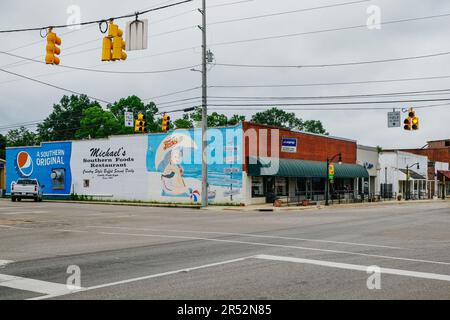 Kleine Unternehmen auf der Hauptstraße in der amerikanischen Kleinstadt Brantley, Alabama, USA. Stockfoto