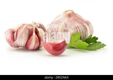 Frischer Knoblauch mit Petersilie, isoliert auf weiss Stockfoto