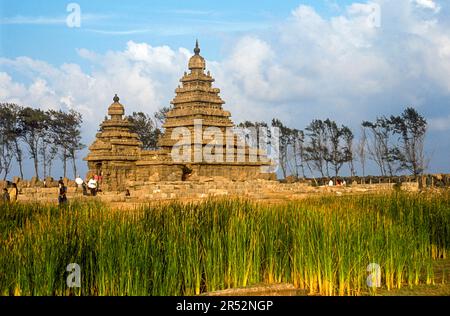 Ufertempel gewidmet den Göttern Vishnu und Shiva erbaut ca. 700, 728 in Mahabalipuram, einem der ältesten Tempel am Meeresrand Stockfoto
