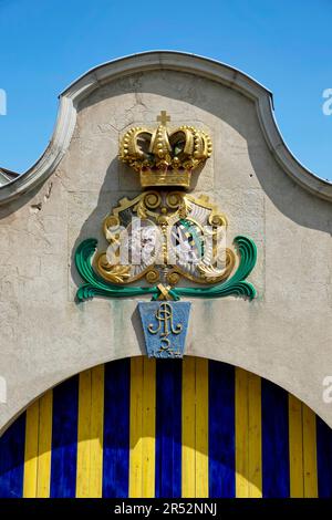 Wavtoral Saxon Post Gate, Royal Polish and Electoral Saxon Double Coat of Arms from 1734, Würzen, Sachsen, Deutschland Stockfoto