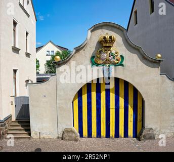 Wavtoral Saxon Post Gate, Royal Polish and Electoral Saxon Double Coat of Arms from 1734, Würzen, Sachsen, Deutschland Stockfoto