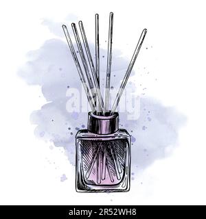 Aroma-Diffusor, quadratischer Glasbehälter mit Stöcken. Handgezeichnete Illustration, Grafik mit lila Wasserflecken und Spritzer. Isoliertes Objekt auf Weiß Stockfoto