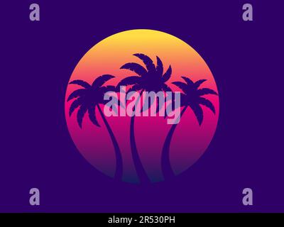 Drei Palmen bei Sonnenuntergang im futuristischen Retro-Stil. Sommerzeit. Silhouetten von Palmen vor dem Hintergrund eines abfallenden Sonnenuntergangs. Design für Stock Vektor