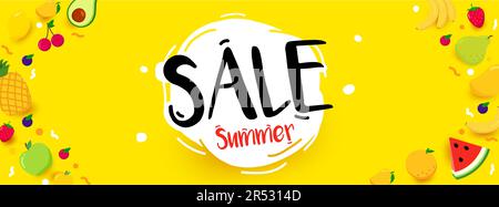 Leuchtendes Sommerbanner mit reifen Früchten und leuchtend gelbem Design. Vorlage für Vektordarstellung. Konzeptförderung. World Summer auf White Bubb Stock Vektor