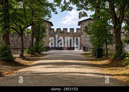 Haupttor, Porta Praetoria mit Bronzestatue des Kaisers Antoninus Pius, Saalburg römisches Fort, rekonstruierte Kohortenfestung, Museum, archäologischer Park Stockfoto