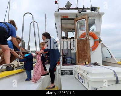 Harwich Harbour, Essex - 31. Mai 2023 : Besatzung und Passagiere der Hafenfähre von Harwich. Stockfoto