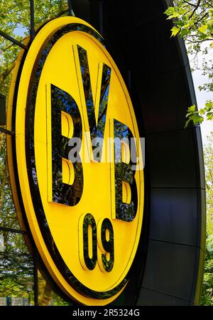 BVB-Clubwappen in der BVB Fanworld von Borussia Dortmund, Dortmund, Ruhrgebiet, Nordrhein-Westfalen, Deutschland Stockfoto
