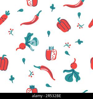 Nahtloser Vektorhintergrund mit verschiedenen Obst- und Gemüsesorten. Gut für Cafe-Menü Hintergrund, Restaurant, gesundes Speisenkonzept, Illustration der Saftbar. Vegetarische farbige Textur. Tolle Sommerfliesen. Stock Vektor