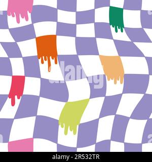 1970 Trippy Grid Pattern mit flüssig gefärbten Zellen. Handgezeichnete Vektordarstellung. Siebzigerstil, Groovy Hintergrund, Hintergrund, Drucken. Flaches Design, Hippie-Ästhetik. Grafisches Cover, T-Shirt, Aufkleber, soziale Medien. Stock Vektor