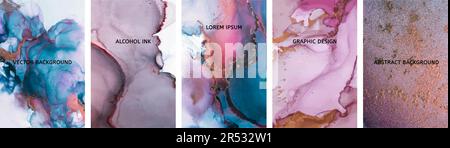 Vektortexturen der Alkoholtinte. Kreative Farbe in natürlichen Farben mit Glitzer. Marmorkartenpräsentation, Flyer, Einladungskartenvorlage Stock Vektor