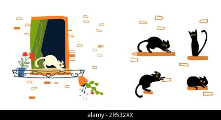Eine weiße Katze auf dem Fenster lässt einen Blumentopf fallen. Fröhliche Vektorzeichnung mit einer Ziegelwand und einem Fenster mit Vorhang. Für Poster, Stoff, Papier, Druck auf Kinder- und Erwachsenenkleidung. Stock Vektor