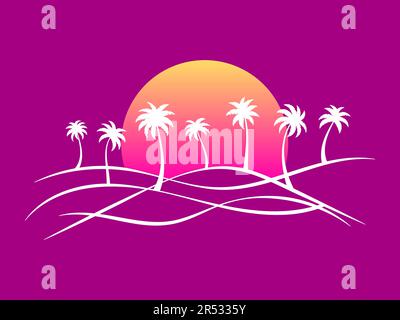 Wellige Landschaft mit Palmen und Sonnenaufgang. Tropische Sommerlandschaft im Stil der Linienkunst. Design zum Drucken von T-Shirts und Bannern. Vektor-Illustration Stock Vektor
