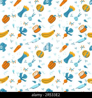Nahtloser Vektorhintergrund mit verschiedenen Obst- und Gemüsesorten. Gut für Cafe-Menü Hintergrund, Restaurant, gesundes Speisenkonzept, Illustration der Saftbar. Vegetarische farbige Textur. Tolle Sommerfliesen. Stock Vektor