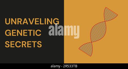 Banner zur Entwirrung genetischer Geheimnisse auf schwarzem und orangefarbenem Hintergrund. Stilvolles Banner mit Text und Symbol für Gesundheitswesen und Medizin Stock Vektor