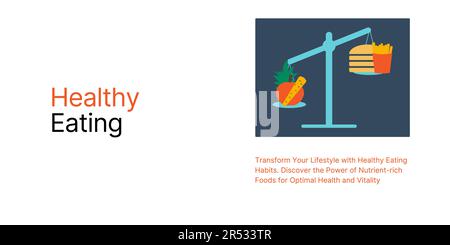 Gesundes Essen Banner auf weißem Hintergrund. Stilvolles Banner mit Text und Symbolen für Gesundheitswesen und Medizin Stock Vektor