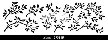 Baumbrunch - Symbolset Für Silhouetten Isoliert. Schwarz-Weiß-Zweig mit Leaves Collection. Dekorative Elemente Entwerfen. Frühling, Sommerferien, Brunch Stock Vektor