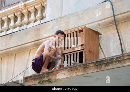 Ein Kubaner füttert seine Vögel auf dem Dach seines Gebäudes in einem Vogelkäfig in Havanna, Kuba Stockfoto