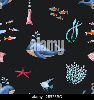 Nahtloses Muster mit Meeresfauna auf schwarzem Hintergrund isoliert. Aquarelle Darstellung von Engelfischen, Muscheln, Korallen, Kraken, Algen, Wasser, Das Meer Stockfoto
