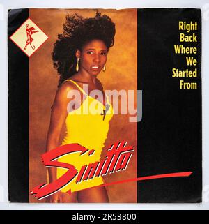 Bildcover der 1989 erschienenen 7-Zoll-Einzelversion von Right Back Where We From von Sinitta. Stockfoto