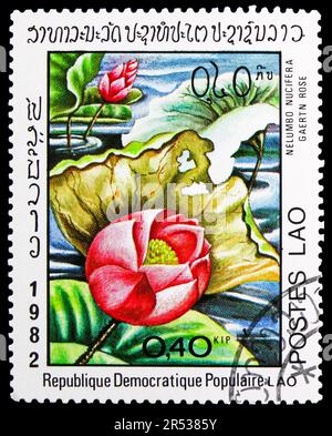 MOSKAU, RUSSLAND - 18. MAI 2023: Poststempel gedruckt in Laos zeigt Nelumbo nucifera, Wasserblumen Serie, ca. 1982 Stockfoto