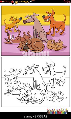 Zeichentrickfilme von lustigen Hunden und Welpen Tierfiguren bilden eine Seite zum Ausmalen Stock Vektor