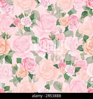 Wasserfarbenes, nahtloses Muster mit pinkfarbenen Pastellrosen und Blättern. Blumenzeichnung für Geschenkpapier, Textil, Druck, Stoff. Stockfoto