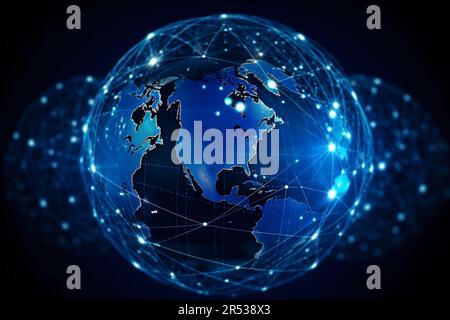 Dunkelblauer High-Tech-Planet Erde-Hologramm. Globale Kommunikationstechnologie und Telekommunikationsnetz. Stockfoto