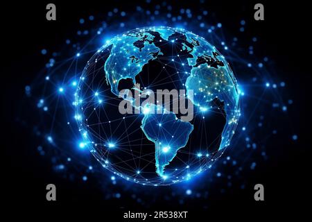 Dunkelblauer High-Tech-Planet Erde-Hologramm. Globale Kommunikationstechnologie und Telekommunikationsnetz. Stockfoto