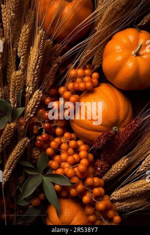 Festliche Herbsternte Stillleben. Goldener Roggen, Kürbisse, trockene Blumen, Beeren. Herbstzusammensetzung Stockfoto