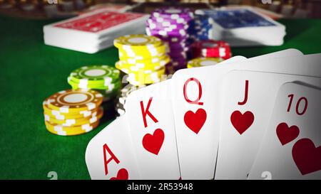 Poker und Casino Royal Flush hand Hände stehen auf Poker Tisch. 3D-Darstellung. Stockfoto