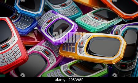 Im alten Stil mit Handys mit Tastatur. 3D-Darstellung. Stockfoto