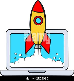 Unternehmenskonzept für Startup-Unternehmen. Raketenabschuss und Laptop. Zeichentrickfilm. Vektordarstellung Stock Vektor
