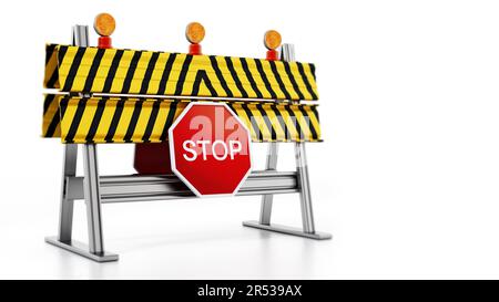 Straße Block mit STOP-Schild auf weißem Hintergrund. 3D-Darstellung. Stockfoto