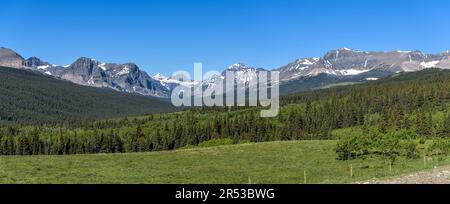 Cut Bank Valley - Ein klarer, sonniger Frühlingsblick auf das Cut Bank Valley, umgeben von zerklüfteten hohen Gipfeln der Lewis Range, Glacier National Park, MT, USA. Stockfoto