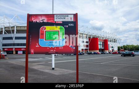 The Riverside Stadium, Heimstadion des Middlesbrough Football Club, England, Großbritannien. Schild mit Grundriss Stockfoto