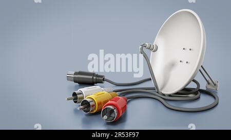 Satellitenschüssel und S-Video-Kabel isoliert auf grauem Hintergrund. 3D Abbildung. Stockfoto