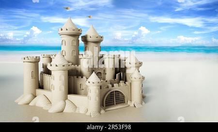 Sandburg, erbaut auf dem Sand eines Strandes. 3D Abbildung. Stockfoto
