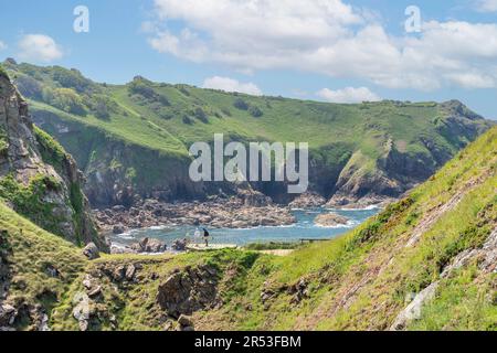 Felsenküste am Devil's Hole, St Mary Parish, Jersey, Kanalinseln Stockfoto