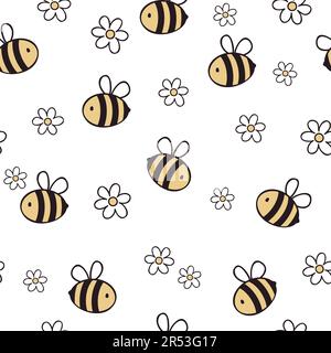 Süße Biene. Nahtloses Muster mit Bienen und Gänseblümchen. Vektordarstellung auf weißem Hintergrund. Nahtlose Struktur für Ihr Baby. Stock Vektor