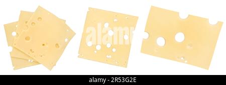 Emmentales Käsesiliat. Käsescheiben mit großen Löchern, Nahaufnahme. Emmentaler Käse wird in dünne Scheiben unterschiedlicher Formen geschnitten, isoliert auf einer weißen Schicht Stockfoto