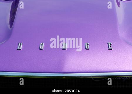 Aufdruck mit Chromabzeichen auf der Motorhaube auf violettem 1970er Dodge Challenger auf der Oldtimer-Ausstellung Capesthorne Hall Cheshire UK 2023 Stockfoto