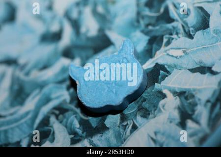 Blaue Ekstasy-Eulen-Pille mit mdma sehr starkes Dope Nahaufnahme Hintergrund Partyzeit psychedelische Saison hohe Qualität große Drucke Stockfoto