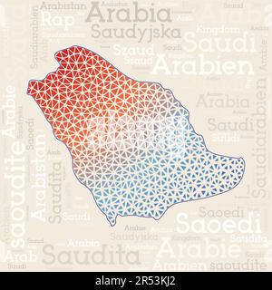 Kartendesign Saudi-Arabien. Ländernamen in verschiedenen Sprachen und Kartenform mit geometrischen niedrigen Poly-Dreiecken. Stock Vektor