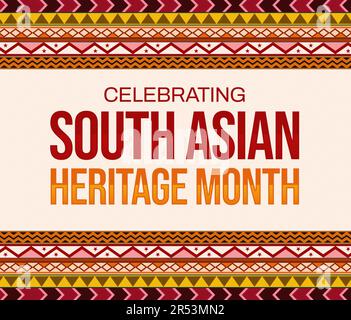 Zur Feier des South Asian Heritage Month, Hintergrunddesign in traditionellen Randfarben und Typografie. Stockfoto