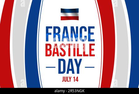 Der 14. Juli wird jedes Jahr zum Bastille Day in Frankreich gefeiert, mit minimalistischen roten und blauen Formen im Hintergrund. Französische Flagge und Schriftzeichen Stockfoto