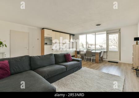 Ein Wohnzimmer mit Sofas und eine Küche im Hintergrund ist ein offener Raum, der als Essbereich genutzt wurde Stockfoto