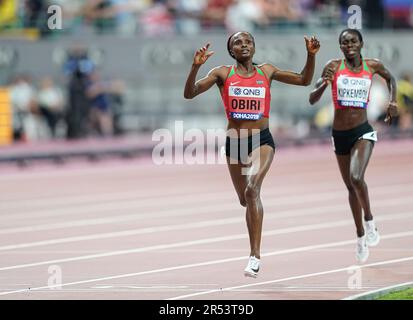 Hellen Obiri gewinnt die 5000m bei der Leichtathletik-Weltmeisterschaft 2019 in Doha. Stockfoto